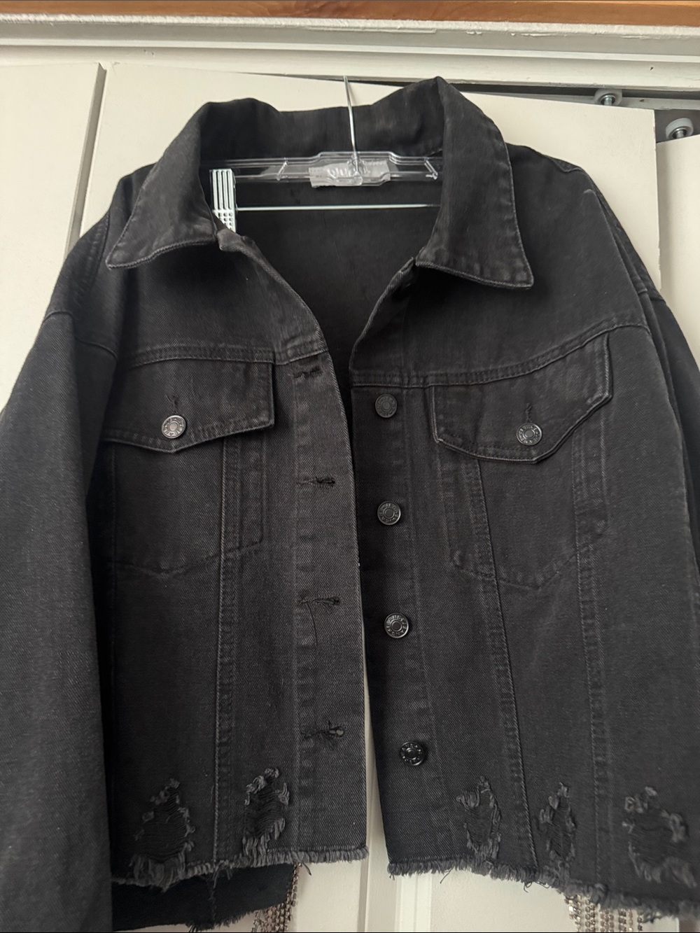 Black Distressed Denim Jacket with rhinestone fringe - Picture 3 of 6
